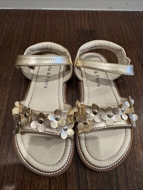 Felix & Flora Gold Floral Sandals Girls Size 10 Hook & Loop Dress Easter Wedding
